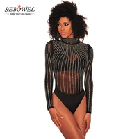 

Black Rhinestone Studded Mock Neck Long Sleeve Mesh Bodysuit