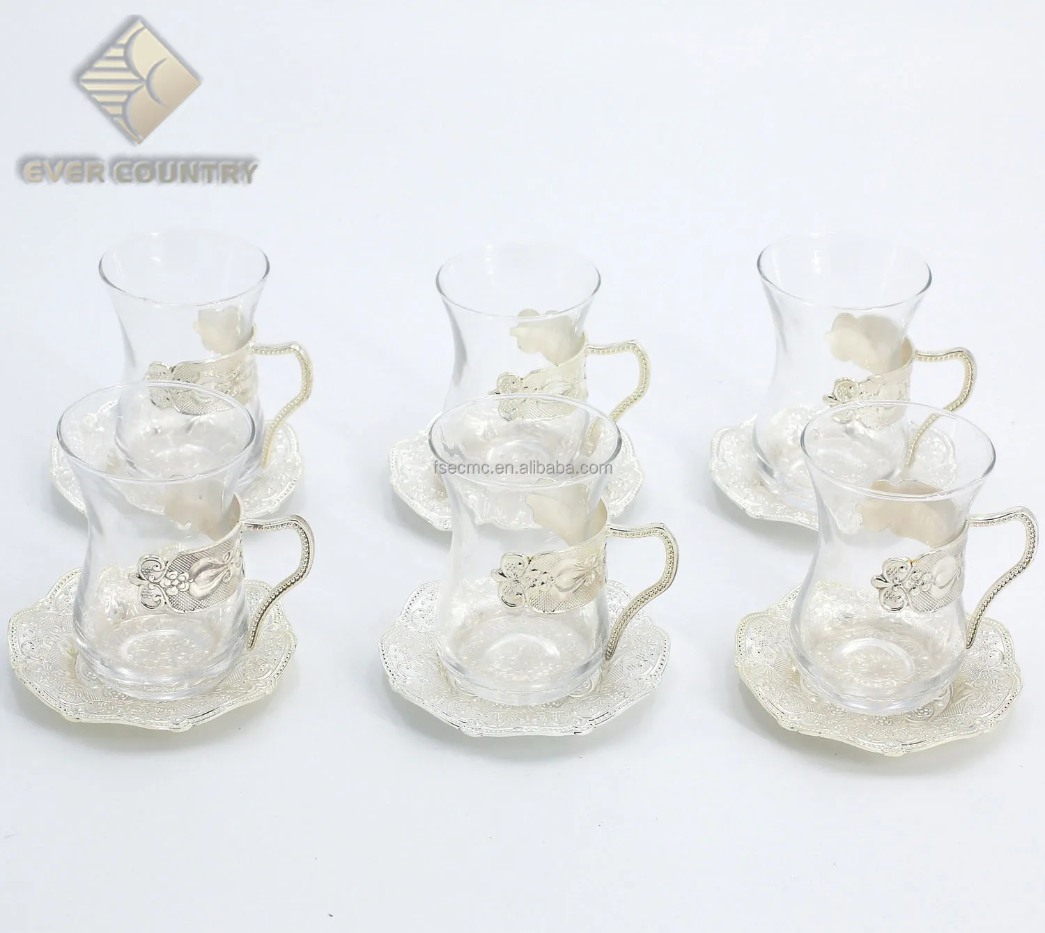 

Set for 6 Turkish Style Metal Gold Plated Tea Cups Set With Saucer, Gold or silver