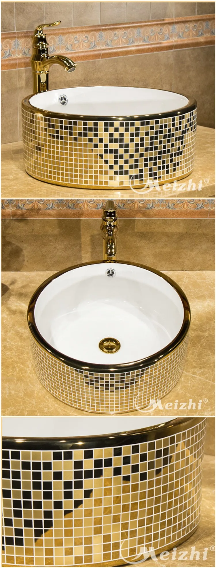Modern decal golden ceramic bathroom sink