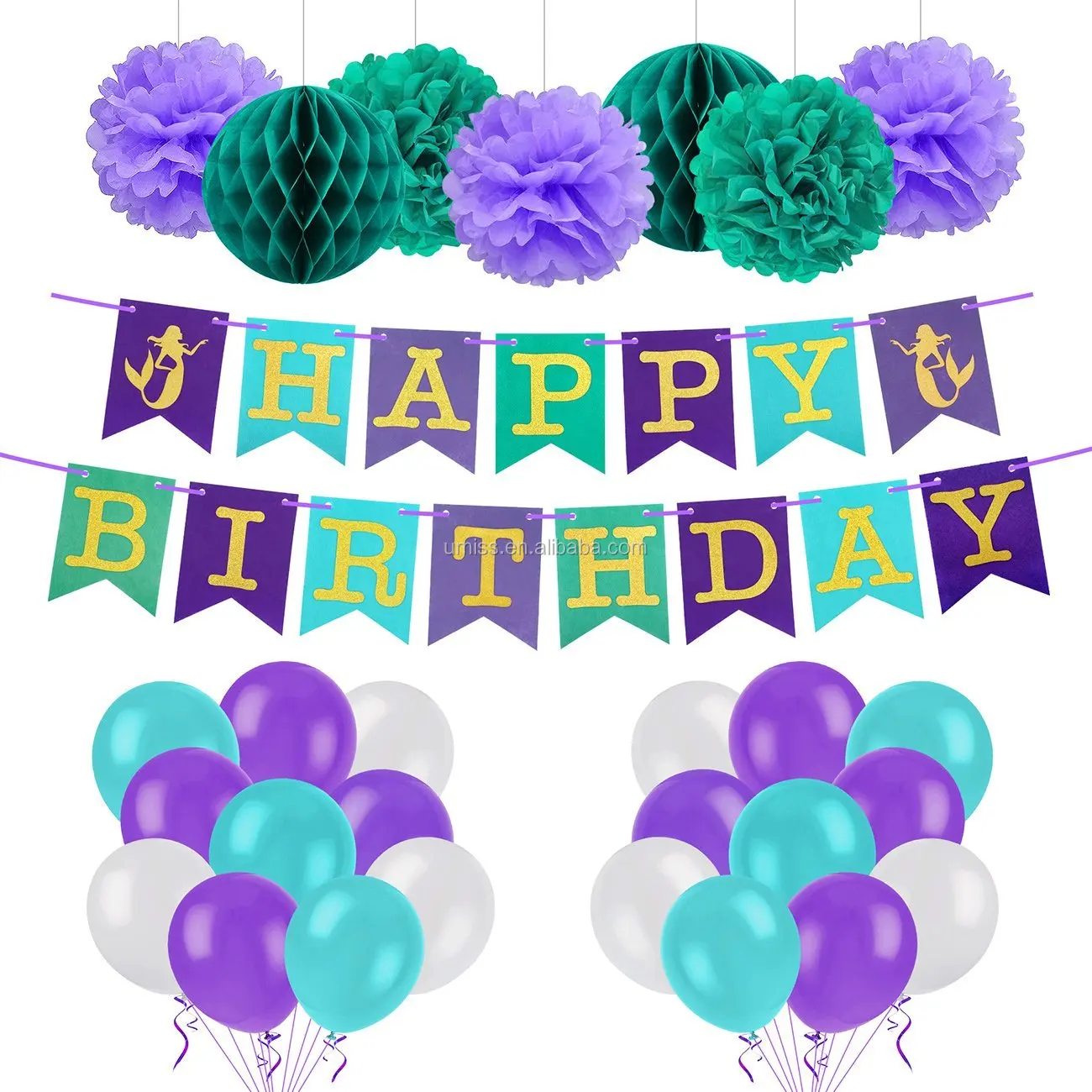 Umiss Mermaid Party Decorations Happy Birthday Banner Design With