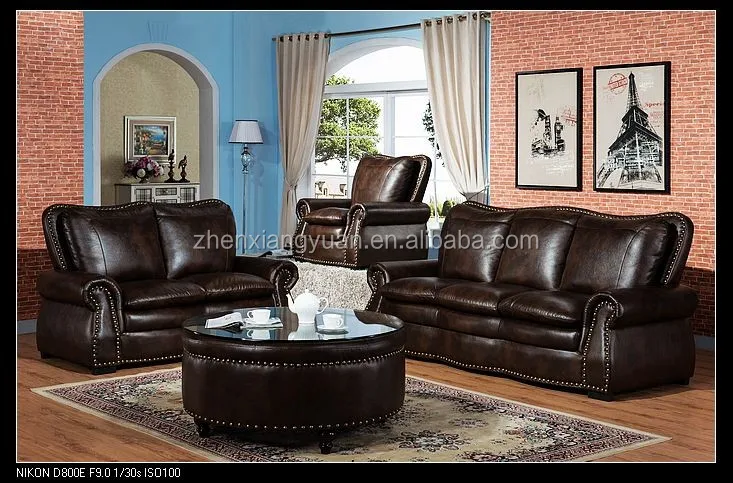 Living room furniture luxury antique classic sofa air leather brown sofa with ottoman