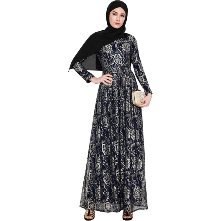 

Latest muslim women maxi dress high quality turkish kaftan gold lace material muslim dresses abaya, Black,navy