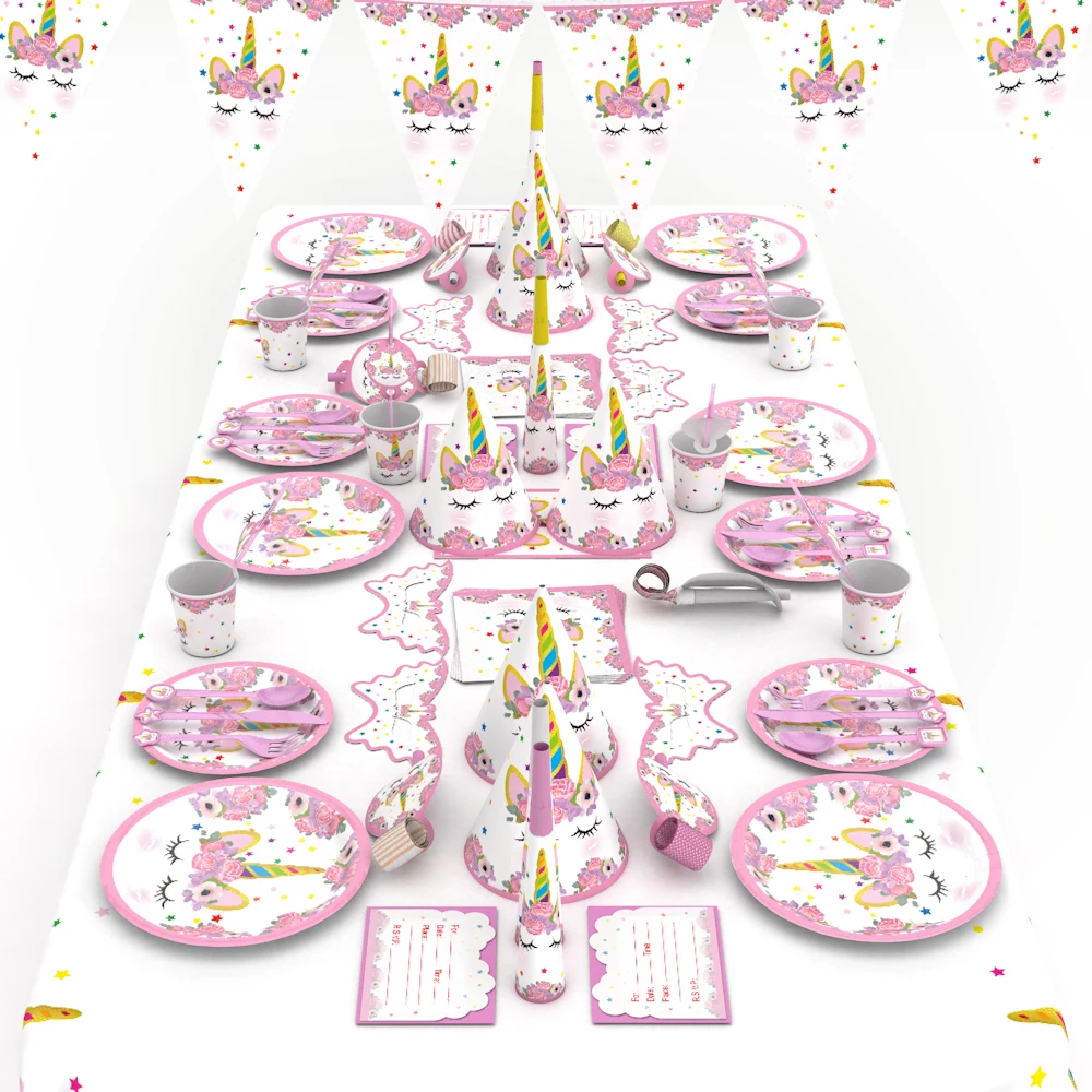 Custom Meisje roze eenhoorn thema verjaardagsfeestje levert wegwerp party decoraties 16 set