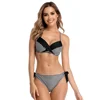 Lady Stripe Print Across Front Wire Bikini Back Tie Up Mid Waist Brief Side Knots Adjustable Stripes Push Up Soft Padding