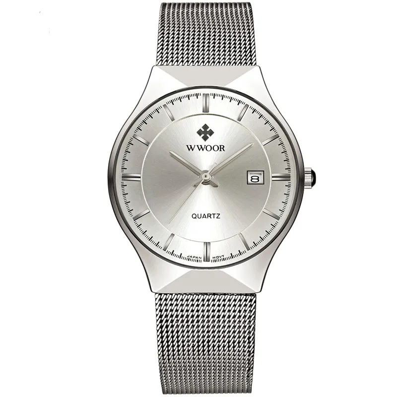

Simple Stylish Luxury brand WWOOR Watches Men Stainless Steel Mesh Strap Thin Dial Clock Man Casual Quartz watch