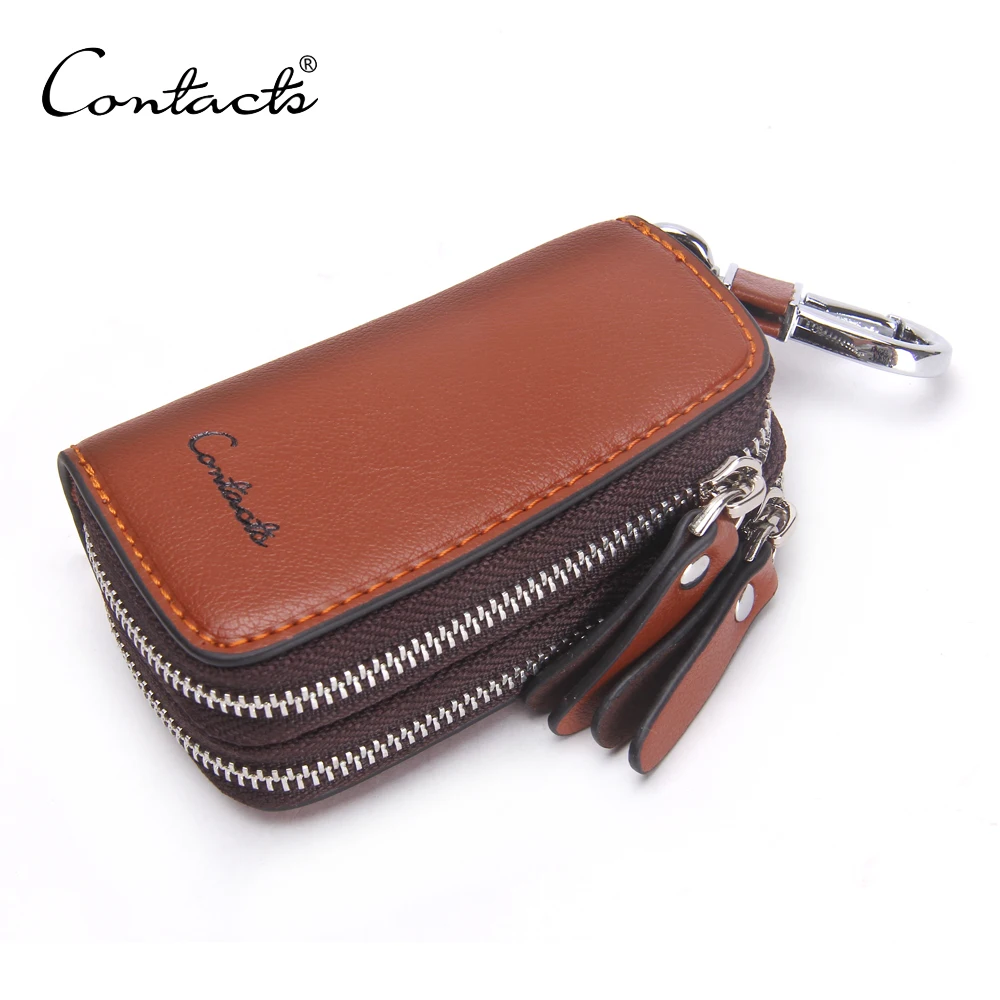 

New Double Zip Men Genuine Cow Leather Car Key Wallets, Brown