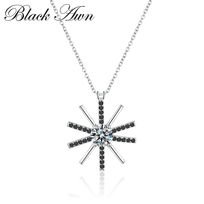 

[BLACK AWN] Fine Genuine 925 Sterling Silver Jewelry 0.8Ct Classic Black&White Stone Necklace Women Bijoux Femme P008