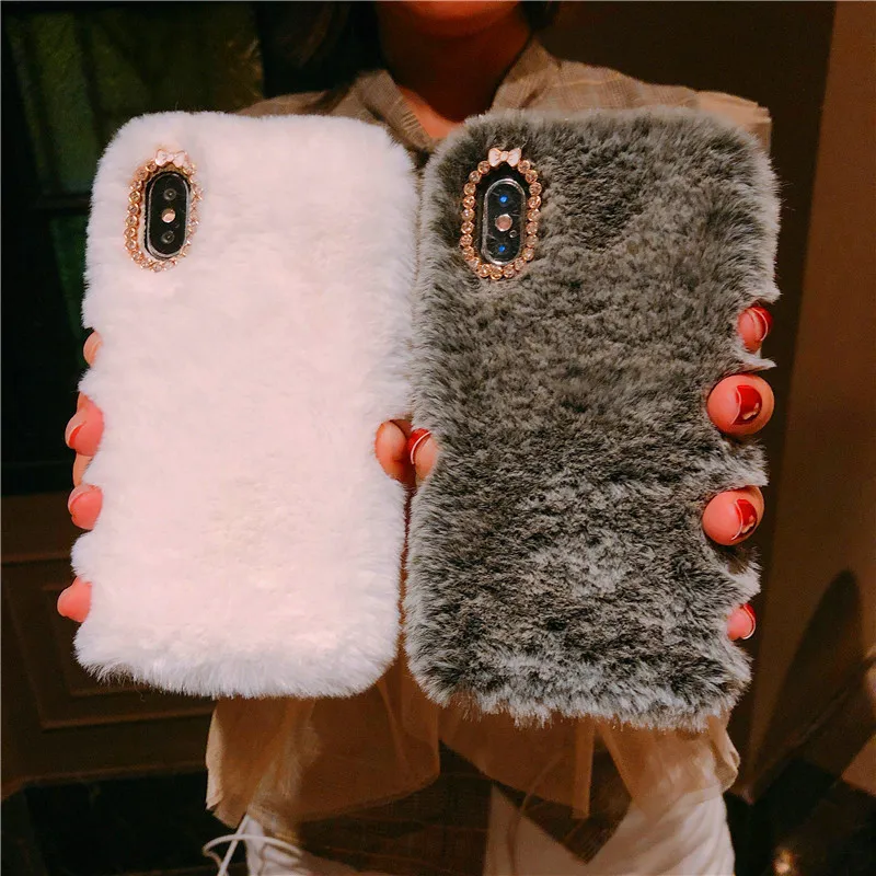 

Rabbit Hair Phone case Rhinestone protective cover for iphoneXSmax Mobile Shell 7plus/6 Plush Fur Plush Cover For iPhone X, Customized
