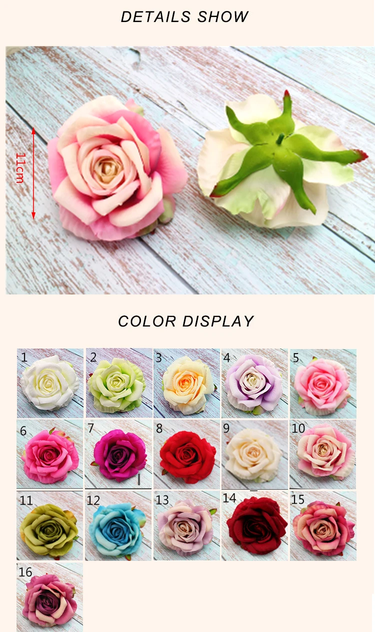 High Quality 10cm Fabric Artificial Red Silk Big Rose Flower Heads For