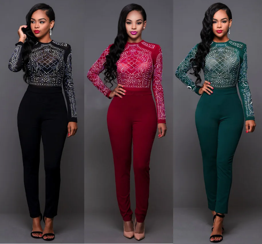 

Women Bodysuit Rompers Club Wear Rompers Women Jumpsuit Sexy Transparent Rhinestones Beaded Bodycon Jumpsuits, Black/red