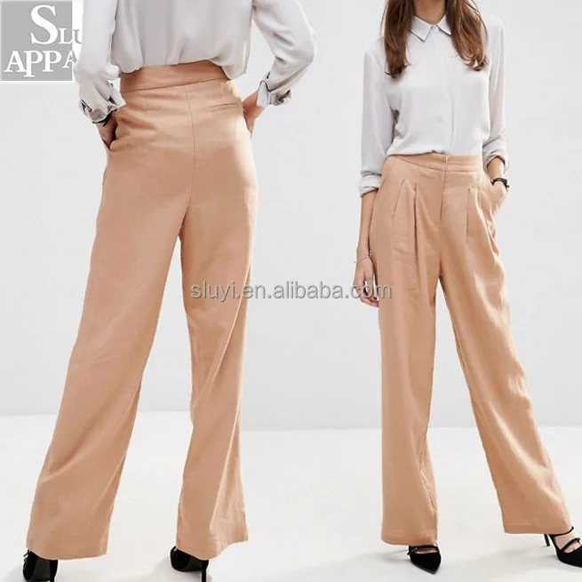 Lebar Kaki Celana  Linen  pinggang Tinggi wanita khaki 