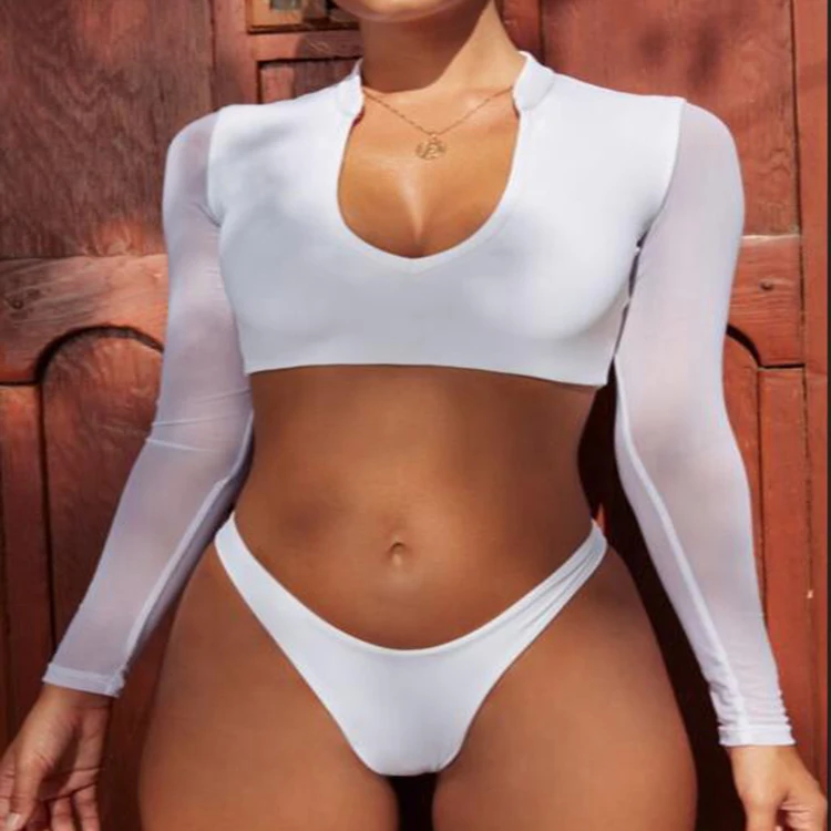 

2019 Hottest Design padded Mesh Bikini Women Long Sleeve Swimsuits, As shown or customized