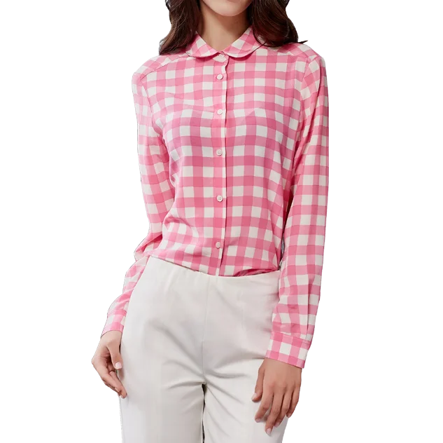 

Fast Shipping Fashion Elegant Pure Silk CDC Sand Washed Check Print Peter Pan Collar Shirt for Women, Pink checks;yellow checks;dark green checks