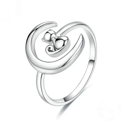 

Adjustable 925 Sterling Silver Moon and Cat Open Finger Ring for Women, As pictures