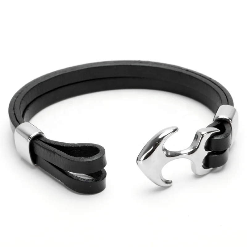 

Mcllroy 2019 new style fashion jewelry cowhide genuine leather & stainless steel anchor bracelet custom bracelet men, Black