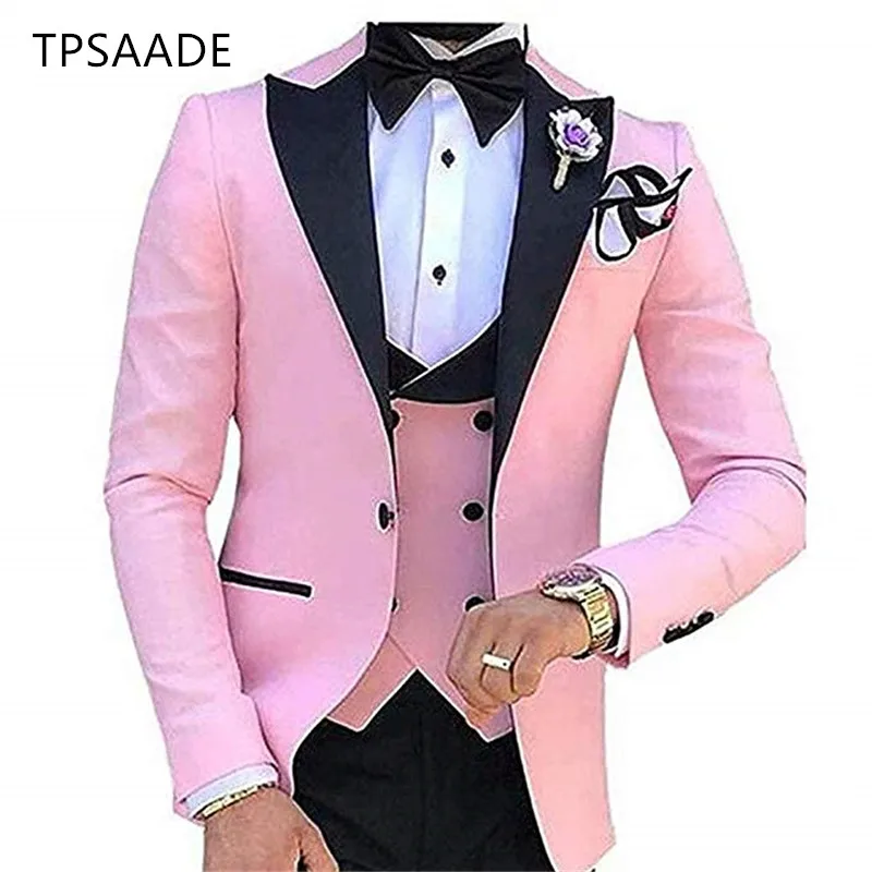 
Pink Wedding Double Breasted Vest Groom Party Custom Made Men Suits 3 Pieces WPY019 