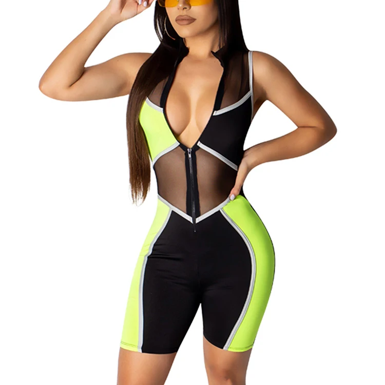 

New Design Mesh Spice Deep V Neck One Piece Sleeveless Short Bodycon Jumpsuit Mujer