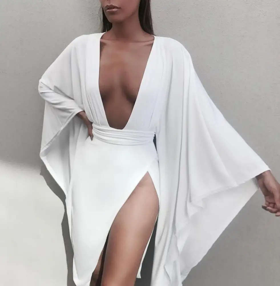 

2019 New Fashion Black White Full Flare Sleeve Sexy Hollow Out Deep V Neck Women Casual Party Dress Vestidos, Shown