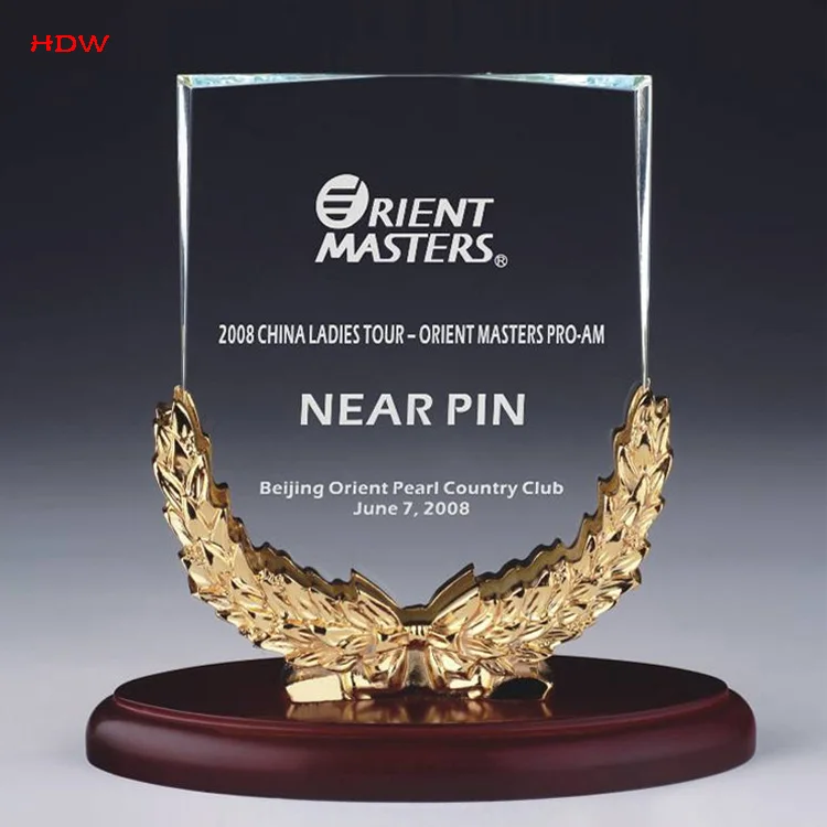 

HDW wholesale new design Company Annual Meeting Souvenir Solid Wood blank crystal Awards custom Color Printed Crystal Trophy