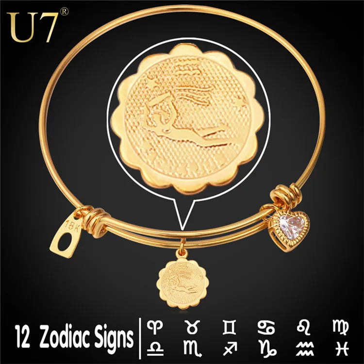 

U7 white platinum /18k gold plated Aquarius Zodiac Bracelets Bangles For Women men bracelet accessories