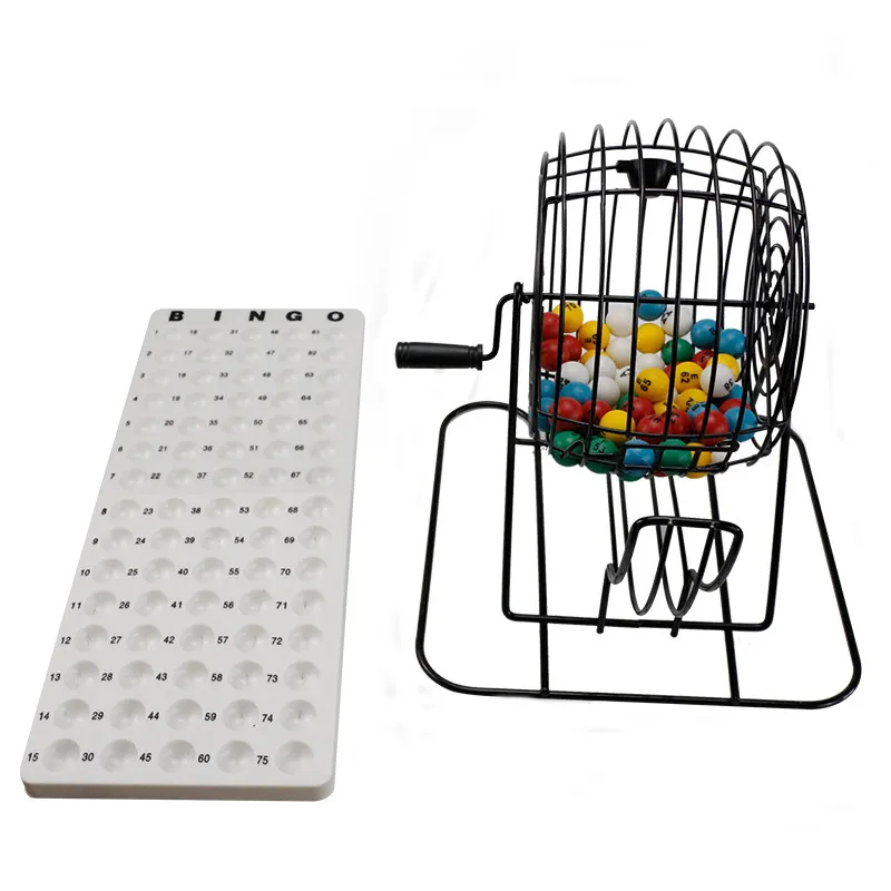 

Deluxe Bingo Cage Game Set - 8 Inch Metal Cage with Plastic Masterboard, 75 Multi-Color Bingo Balls, Bingo Cards, Picture