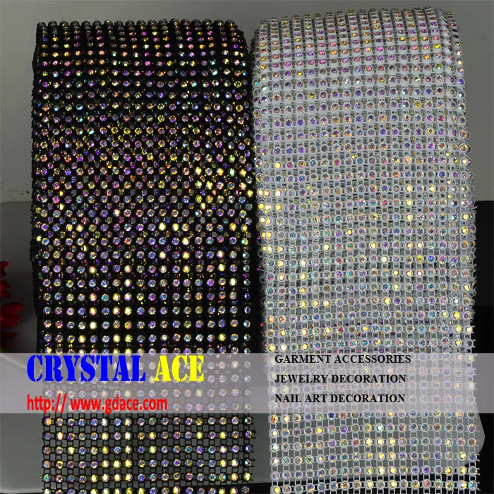 

Best quality real crystals 12cmX10 yards 18 rows crystal elastic rhinestone mesh trimming for costume designs, White base +crystal ab;black base +crystal ab