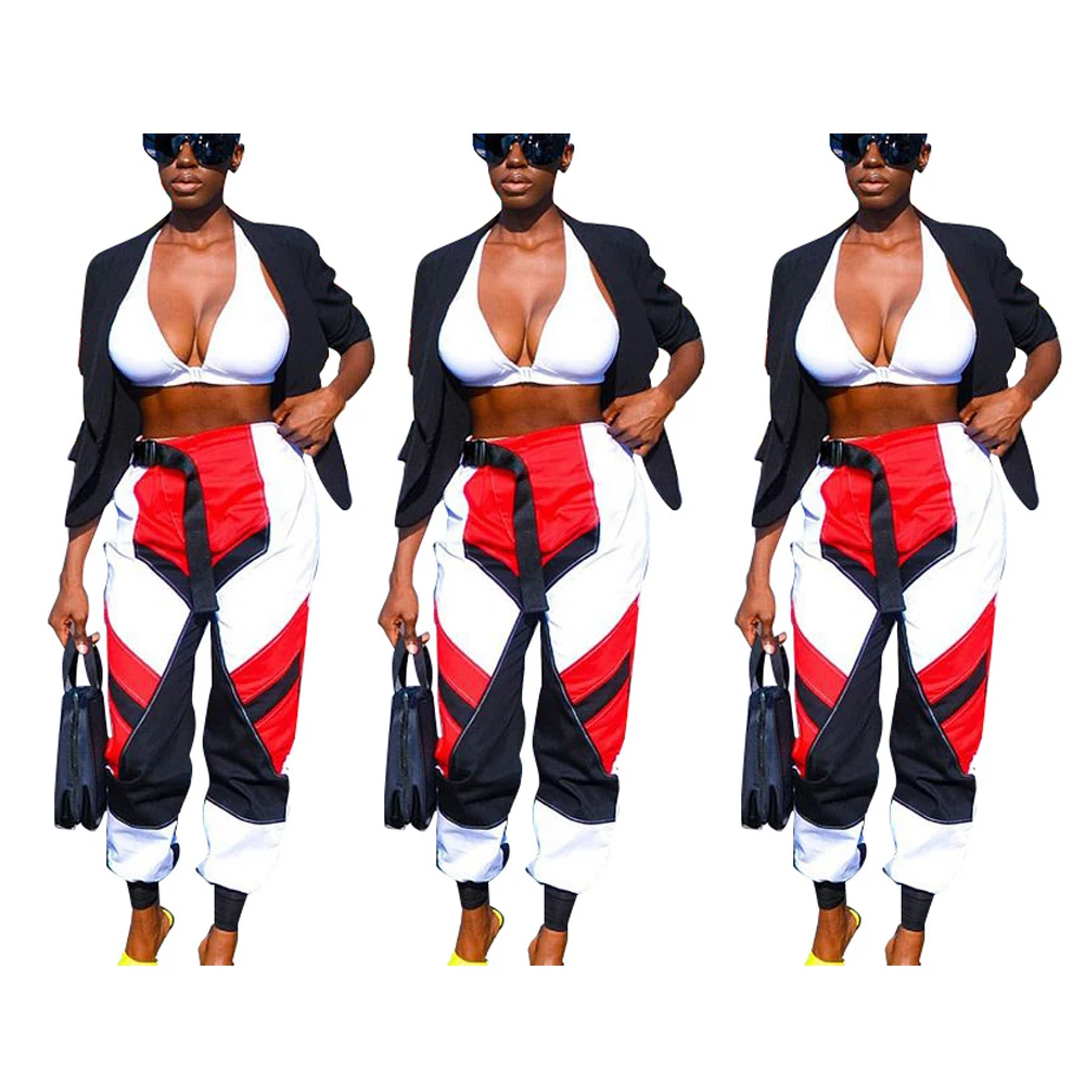 Casual mid waist stitching contrast color sports straight pants for women