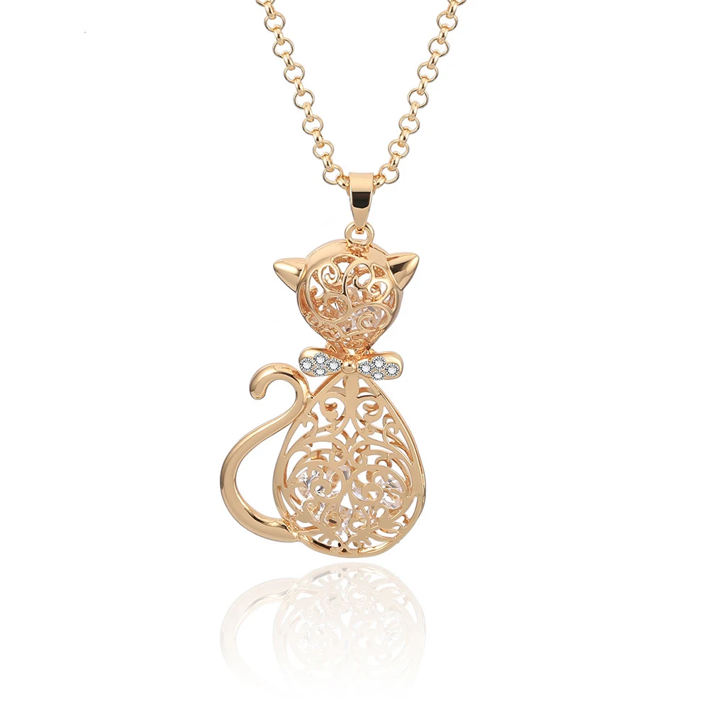 

Hollow Out Czech Crystal Gold Color Pet Cat Necklaces Cute Animal Cat Pendant Necklace For Women Girls Jewelry Necklaces