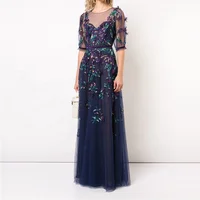 

Fancy embroidered handmade dress floral printed mesh sleeve evening dresses