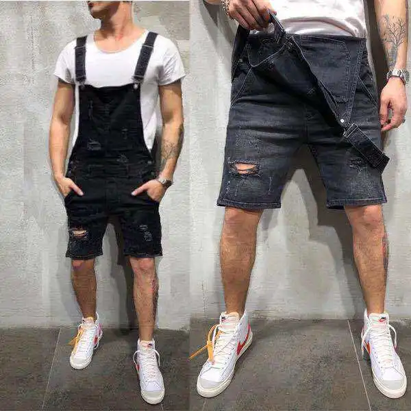 

Guangzhou factory Wholesale Custom Mens tight denim short Jumpsuit rompers Overalls men jeansBib pants, Customized color