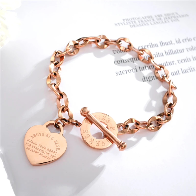 

MJ Jewelry Bible Proverbs Bangle Couple Heart Bracelet, Silver;rose gold