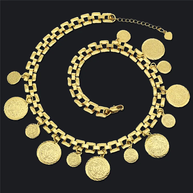 

24K Gold Plated Multi Coins Pendant Necklace Middle Eastern Style Pendant Necklace for Women