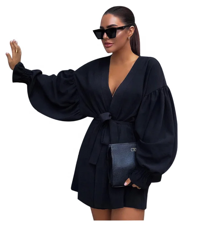 

Women Sexy Long Puff Sleeve Vneck Tie Dress Party Mini Evening Dresses