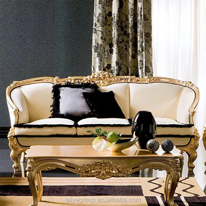 Neoclassic Apricot Solid Wood Carved Gold Sofa Sets For Living