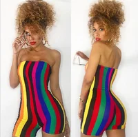 

Rainbow Color Vertical Stripe Casual Rompers 2019 Summer Woman Sleeveless Strapless Skinny Playsuits Backless Jumpsuits