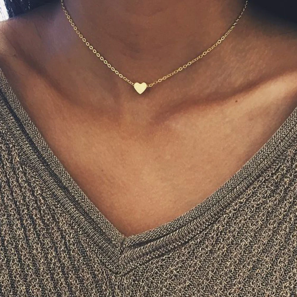

gold necklace Trendy Stainless Steel Necklace Women dainty Heart Pendant Necklace Love Chokers Necklaces women, Gold/silver