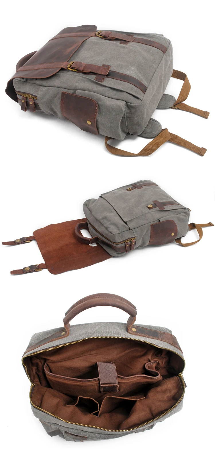 The latest elegant vintage crazy horse leather cotton canvas unisex satchel rucksack school back pack backpack bag