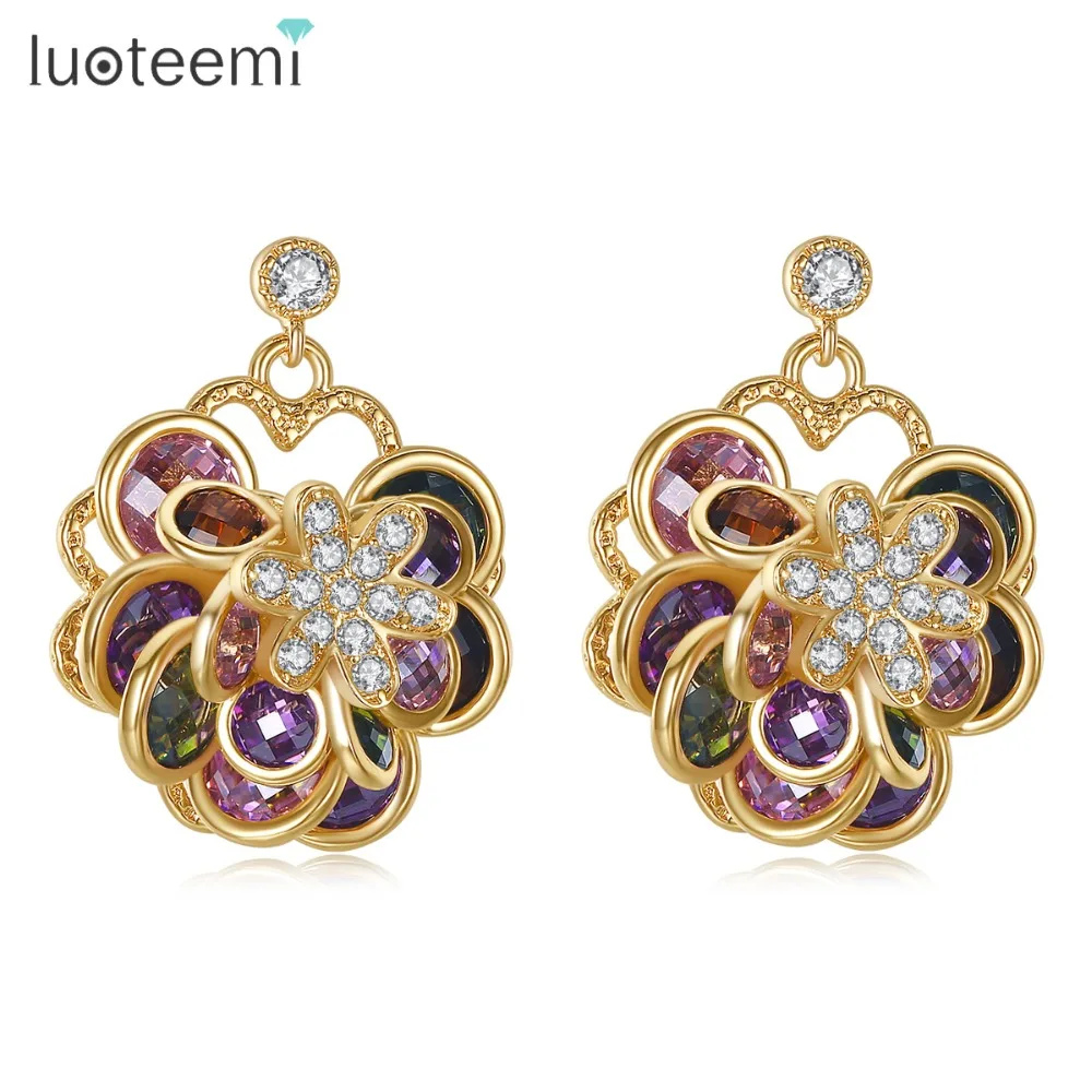

LUOTEEMI Wholesale 2017 New Design Champagne Gold Plated Multi CZ Earrings Women, N/a