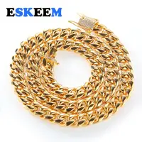 

Custom Micro Pave Zircon Stainless Steel Cuban Chain Iced Out Clasp 18K Gold Plated 12mm Cuban Link Necklace Jewelry
