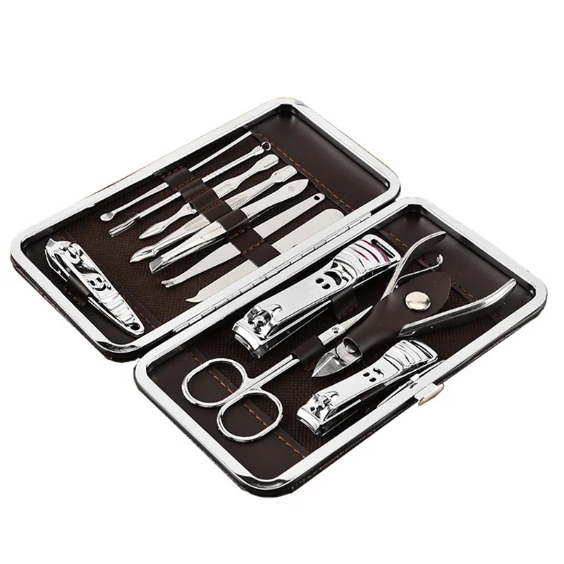 

Hot Selling 12pcs Nail Care Tool Kit Scissor Stainless Steel Metal Pedicure Pocket Nail Manicure Set, Black and brown