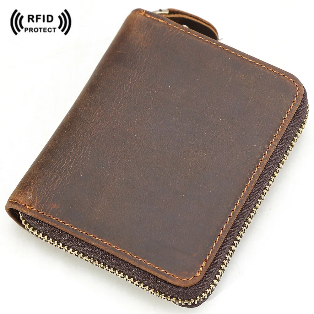 

Tiding Brown Crazy Horse Real Leather Zipper RFID Wallet Bifold Genuine Cow Leather Coin Purse Men