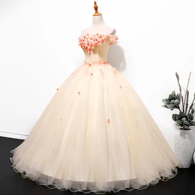 
HQ178 Appliqued Flowers Ball Gown Quinceanera Dress Puffy Long Evening Party Dress Off Shoulder Tulle Yellow Prom Dress 