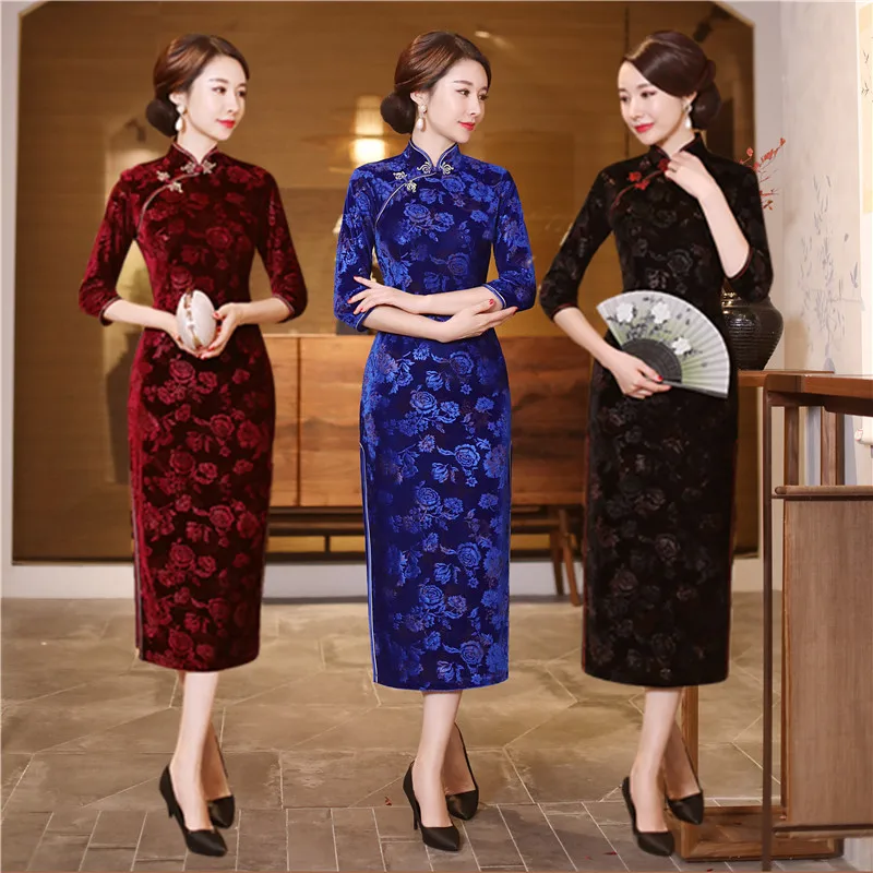 

New Chinese Traditional Dress Women Mid Sleeve Sexy Qi Pao Ladies Cheongsam Modern Qipao Chinese New Year Clothes - DNV11135, Blue;black;purple;red;white