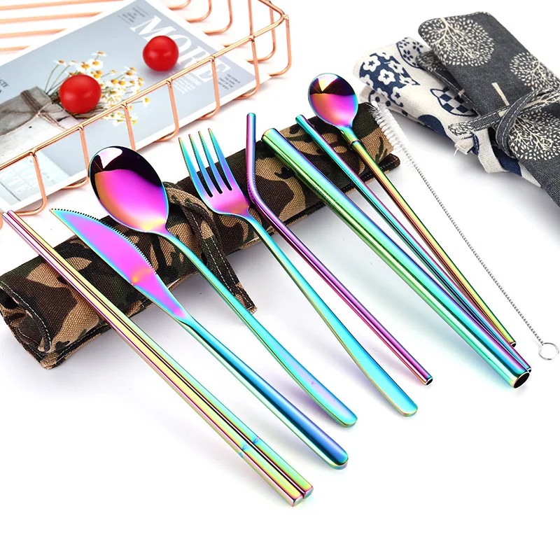 

Outdoor Portable Picnic Stainless Steel Tableware with Bag Knife Fork Spoon Chopsticks Straws 11 Piece portable cutlery set, As picture