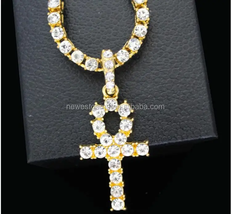 

Bling Iced Out Egyptian Ankh Key Pendant Necklace Gold Plated Rhinestones Crystal Cuban Link Chain Men Jewelry Necklaces