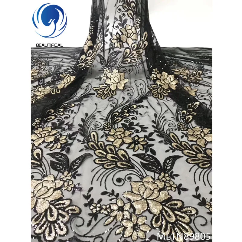 

Beautifical black african lace fabric embroidery sequin lace fabric best selling nigeria lace fabric ML1N898, Can be customized