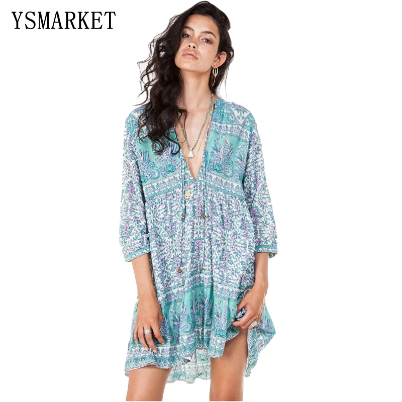 Boho blue floral print mini dress V-neck 3/4 sleeve women dresses new season summer loose style bohemia beach dresses EBAH002