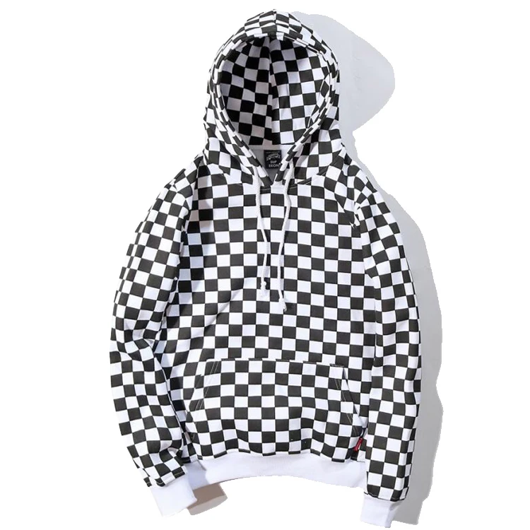 

Wholesale men Hip pop checker printing streetwear cotton Hoodie, Black and white