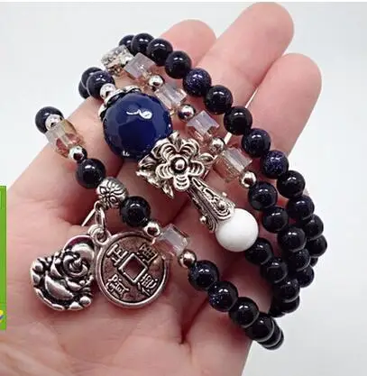 

Natural Blue Agate Bracelet Blue Crystal Bracelet Multilayer Gravel Coin Amulet Buddha Beads Bracelet