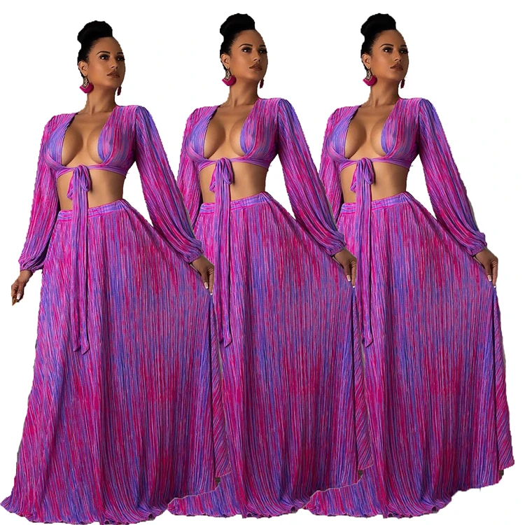 A050847 wholesale v-neck long sleeve stripe printing summer sexy woman maxi beach dress